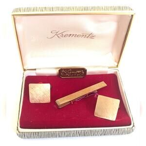 Vintage Estate Krementz Brushed 14k Gold Overlay Plated Tie Clasp Cufflinks Set